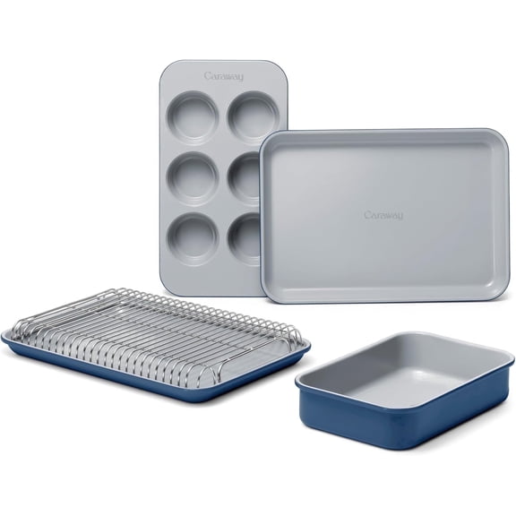 Caraway Mini Bakeware Set, Ceramic-Coated Baking Pans with Baking Sheets, Muffin Pan, Cooling Rack and Storage Organizer, Compact Bakeware Set, Navy