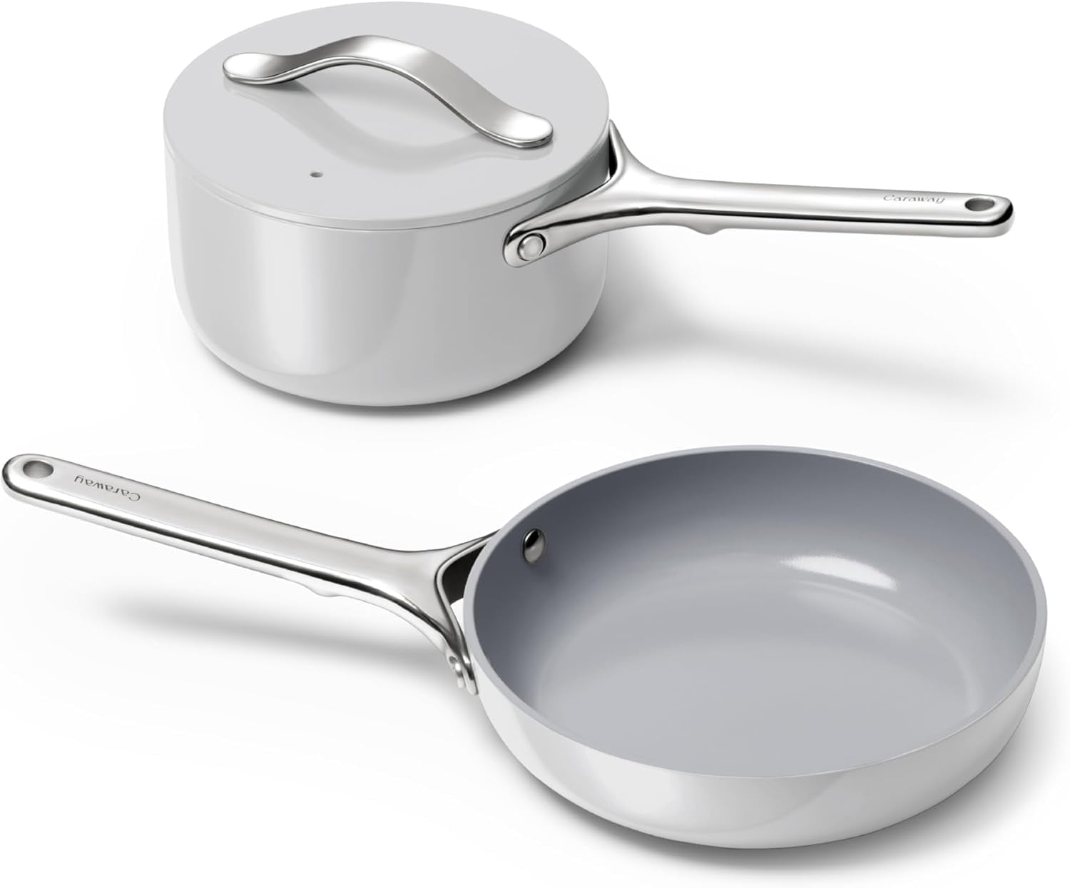 Caraway Mini Cookware Set - Non-Stick Ceramic Fry Pan (1.05 qt, 8") Sauce Pan (1.75 qt) & Storage Rack - Oven Safe & Stovetop Agnostic (Gas, Electric & Induction) - Gray