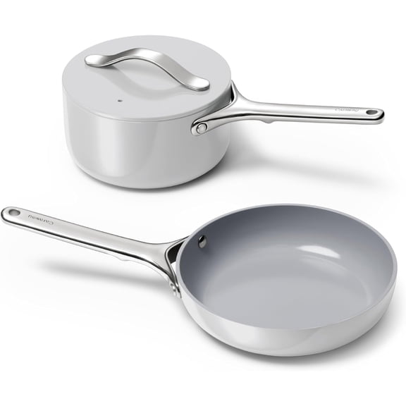 Caraway Mini Cookware Set - Non-Stick Ceramic Fry Pan (1.05 qt, 8") Sauce Pan (1.75 qt) & Storage Rack - Oven Safe & Stovetop Agnostic (Gas, Electric & Induction) - Gray