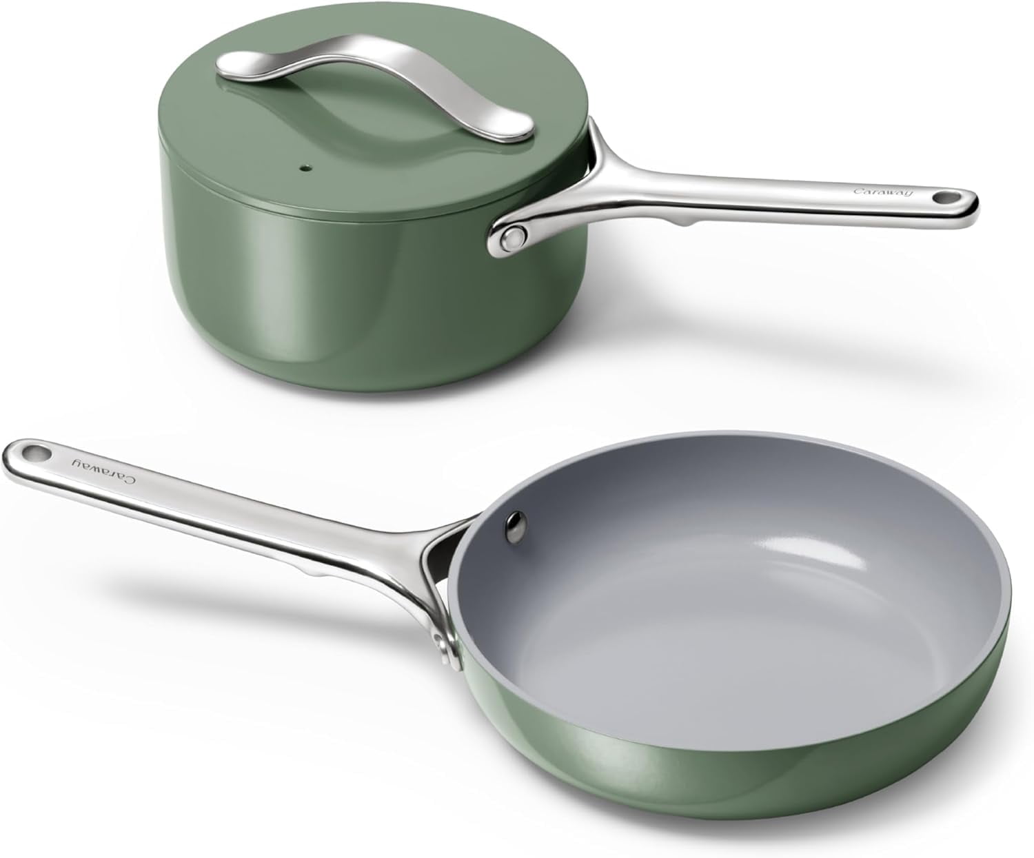 Caraway Mini Cookware Set - Non-Stick Ceramic Fry Pan (1.05 qt, 8") Sauce Pan (1.75 qt) & Storage Rack - Oven Safe & Stovetop Agnostic (Gas, Electric & Induction) - Sage
