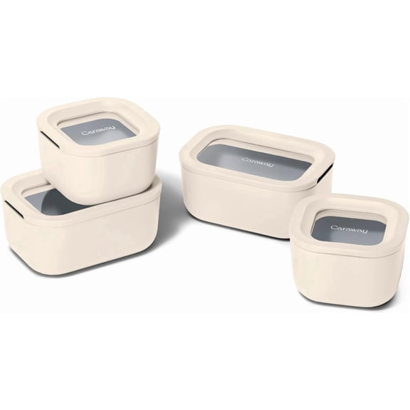 Caraway Mini Food Storage 9pc Set - Glass Storage Containers for Food - Ceramic-Coated Glass - Air Release Technology - Compact & Stackable Design - Cream