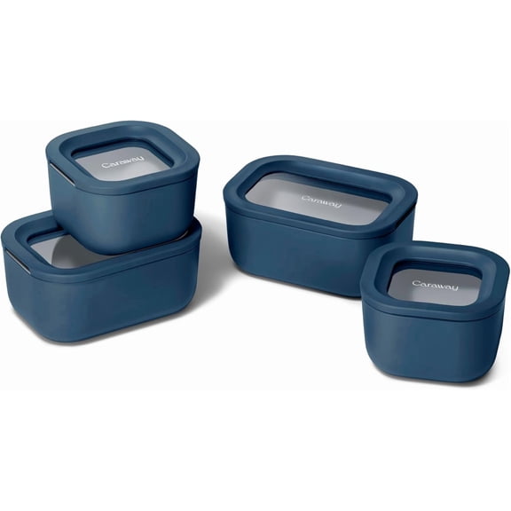 Caraway Mini Food Storage 9pc Set - Glass Storage Containers for Food - Ceramic-Coated Glass - Air Release Technology - Compact & Stackable Design - Navy