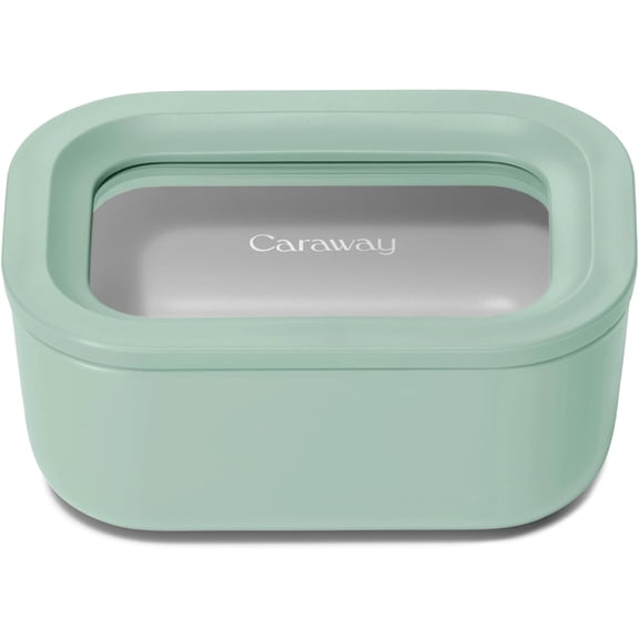 Caraway Mini Rectangle Food Storage Container - 2.6 Cup Glass Storage Container for Food - Ceramic-Coated Glass - Air Release Technology - Compact & Stackable Design - Mist