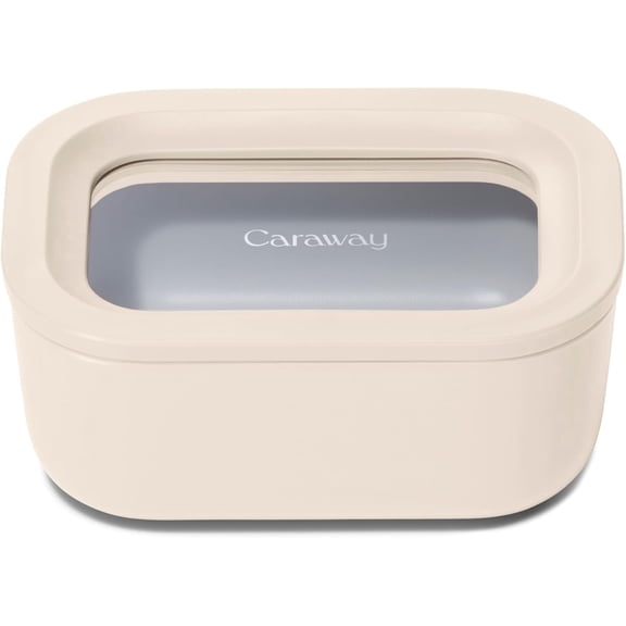 Caraway Mini Rectangle Food Storage Container - 2.6 Cup Glass Storage Container for Food - Non-Toxic Ceramic-Coated Glass - Air Release Technology - Compact & Stackable Design - Cream