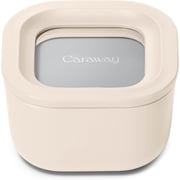 Caraway Mini Square Food Storage Container - 1.75 Cup Glass Storage Container for Food - Ceramic-Coated Glass - Air Release Technology - Compact & Stackable Design - Cream