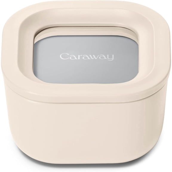 Caraway Mini Square Food Storage Container - 1.75 Cup Glass Storage Container for Food - Ceramic-Coated Glass - Air Release Technology - Compact & Stackable Design - Cream