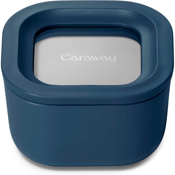 Caraway Mini Square Food Storage Container - 1.75 Cup Glass Storage Container for Food - Ceramic-Coated Glass - Air Release Technology - Compact & Stackable Design - Navy