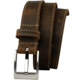 thumbnail image 1 of Caraway Mountain Distressed Brown Leather Belt (Stitched) by Nickel Smart® - Nickel Free Silver Buckle with 1 3/8 inches (35mm) Wide Distressed Leather Strap with Cream Stitched Edge. Made in USA, 1 of 9