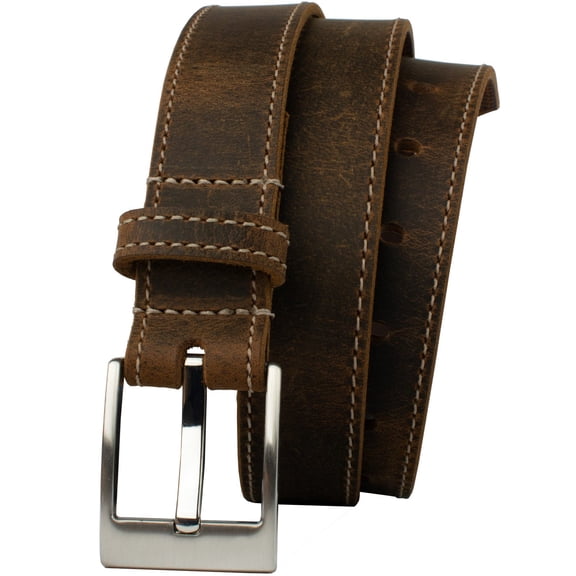 Caraway Mountain Distressed Brown Leather Belt (Stitched) by Nickel Smart® - Nickel Free Silver Buckle with 1 3/8 inches (35mm) Wide Distressed Leather Strap with Cream Stitched Edge. Made in USA