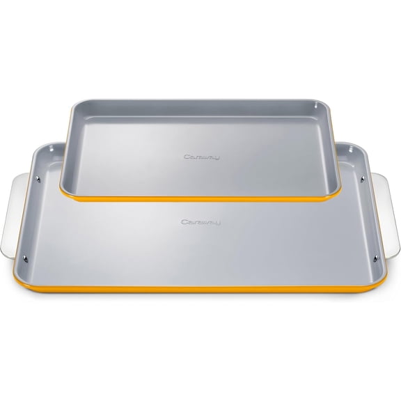 Caraway Non-Stick Ceramic Baking Sheet Duo - Naturally Slick Ceramic Coating - 18 x 13" Large & 15 x 10" Medium - Marigold