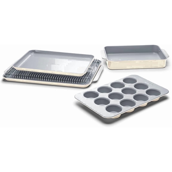 Caraway Nonstick Ceramic Bakeware Set (5 Pieces) - Baking Sheets, Assorted Baking Pans & Storage - Aluminized Steel Body - Cream