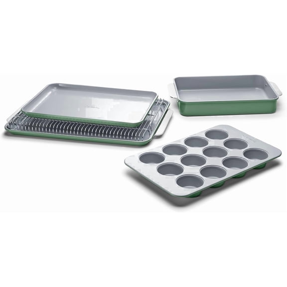 Caraway Nonstick Ceramic Bakeware Set (5 Pieces) - Baking Sheets, Assorted Baking Pans & Storage - Aluminized Steel Body - Sage