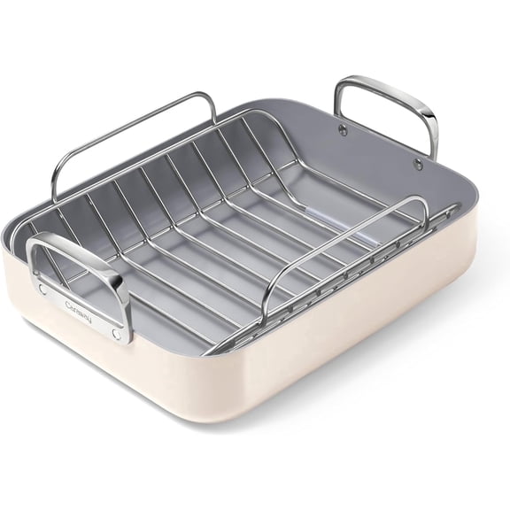 Caraway Roasting Pan - 16x13” Roasting Pan with Rack - Non-Stick Ceramic Coated - Oven Safe & Compatible with All Stovetops - Cream