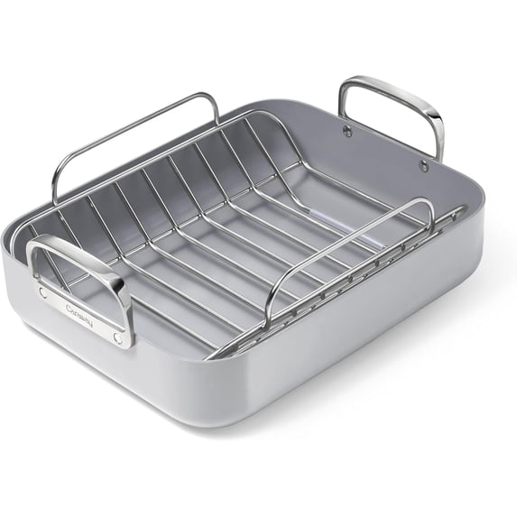 Caraway Roasting Pan - 16x13” Roasting Pan with Rack - Non-Stick Ceramic Coated - Oven Safe & Compatible with All Stovetops - Gray
