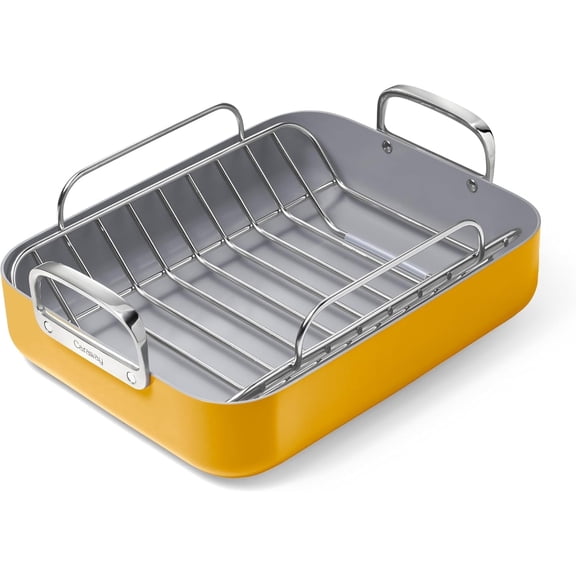Caraway Roasting Pan - 16x13” Roasting Pan with Rack - Non-Stick Ceramic Coated - Oven Safe & Compatible with All Stovetops - Marigold