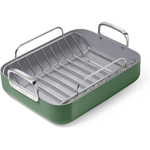 Caraway Roasting Pan - 16x13” Roasting Pan with Rack - Non-Stick Ceramic Coated - Oven Safe & Compatible with All Stovetops - Sage