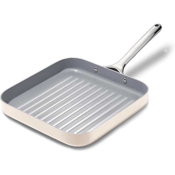 Caraway Square Grill Pan - 11” Grill Pan - Non-Stick Ceramic Coated - Oven Safe & Compatible with All Stovetops - Cream