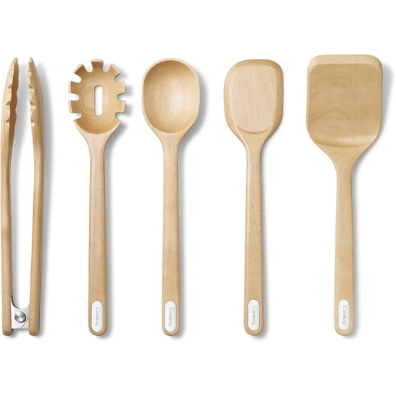 Caraway Wooden Utensil Set - 5 Piece Cooking Utensil Set - Spoon, Server, Scraper, Spatula, & Tongs - Made From FSC-Certified Birch Wood - No Microplastics
