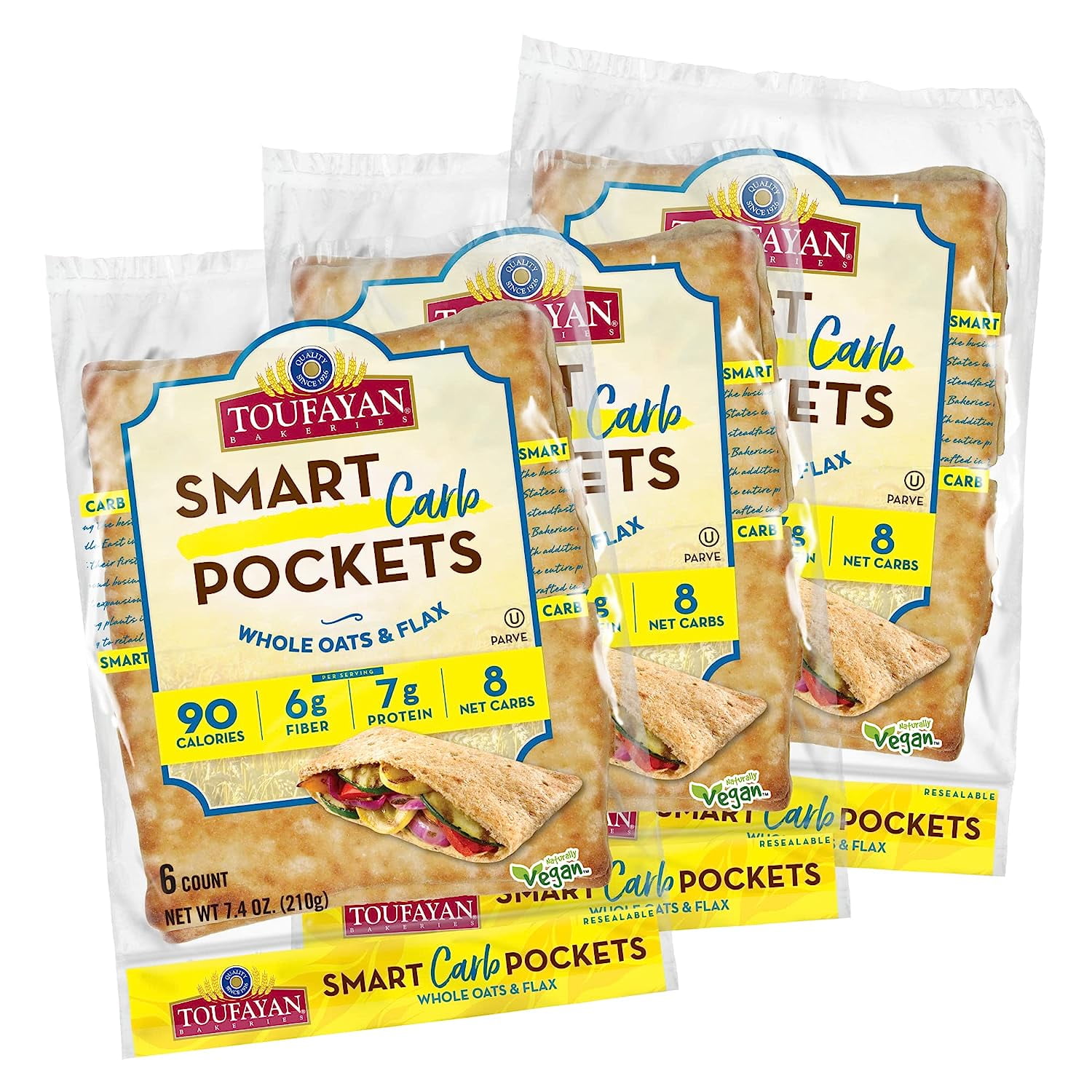 Carb Pockets Pita Bread Low Carb, Low Calorie, Vegan (3 Pack, 18 Pitas Total)