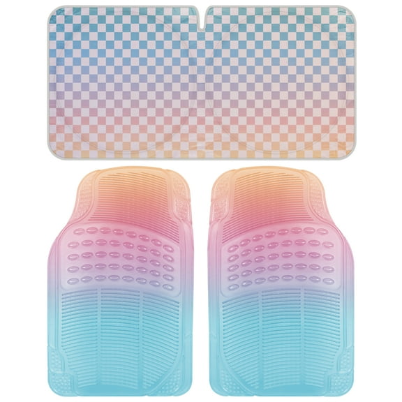 Carbella Auto Sun Shade AND 2PC Car Floor Mats Sunset Translucent Rainbow All Weather Heavy Duty Trim to Fit Most Cars, Vans, Trucks & SUVs