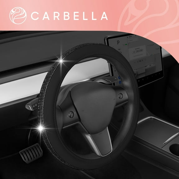 Carbella Bling Bling Glitter Diamond Leather Steering Wheel Cover with 9 Rows Crystal Rhinestones, Fits Wheels 14.5 - 15 inch for Women / Girls Black