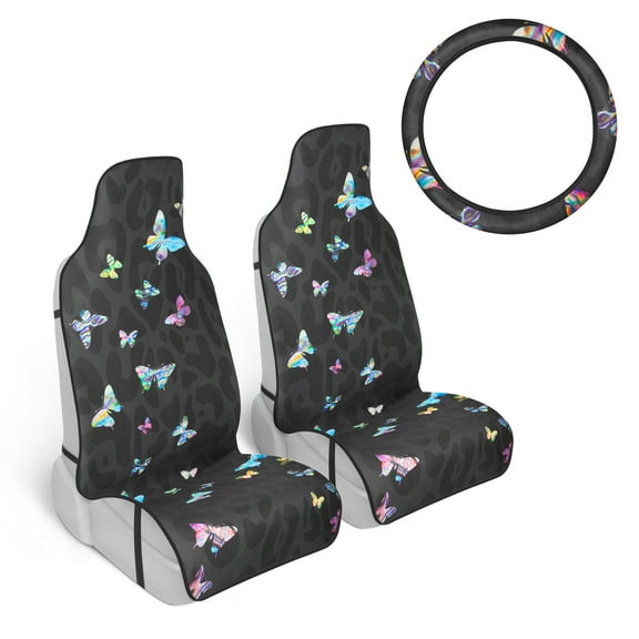 Carbella Cheetah Print Butterfly Car Seat Covers Set, 2 Pack Front Seat Covers with Matching Steering Wheel Cover for Cars Trucks SUV