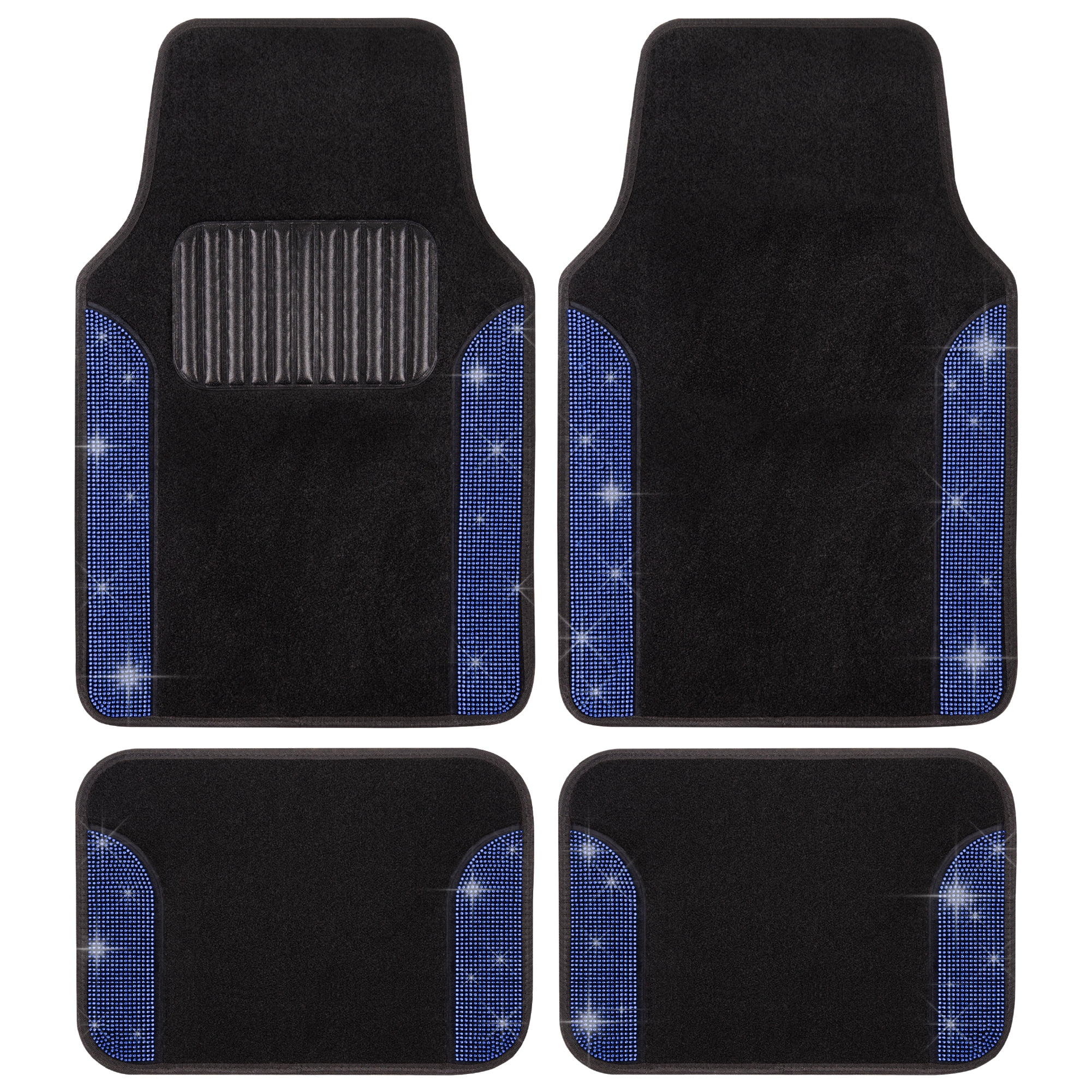 Carbella Diamond Bling Car Mats 4-Piece Set, Shiny Rhinestone Crystal Carpet Car Floor Mats, Two-Tone Floor Mats for Cars, Cute Automotive Interior Car Accessories for Women (Blue)