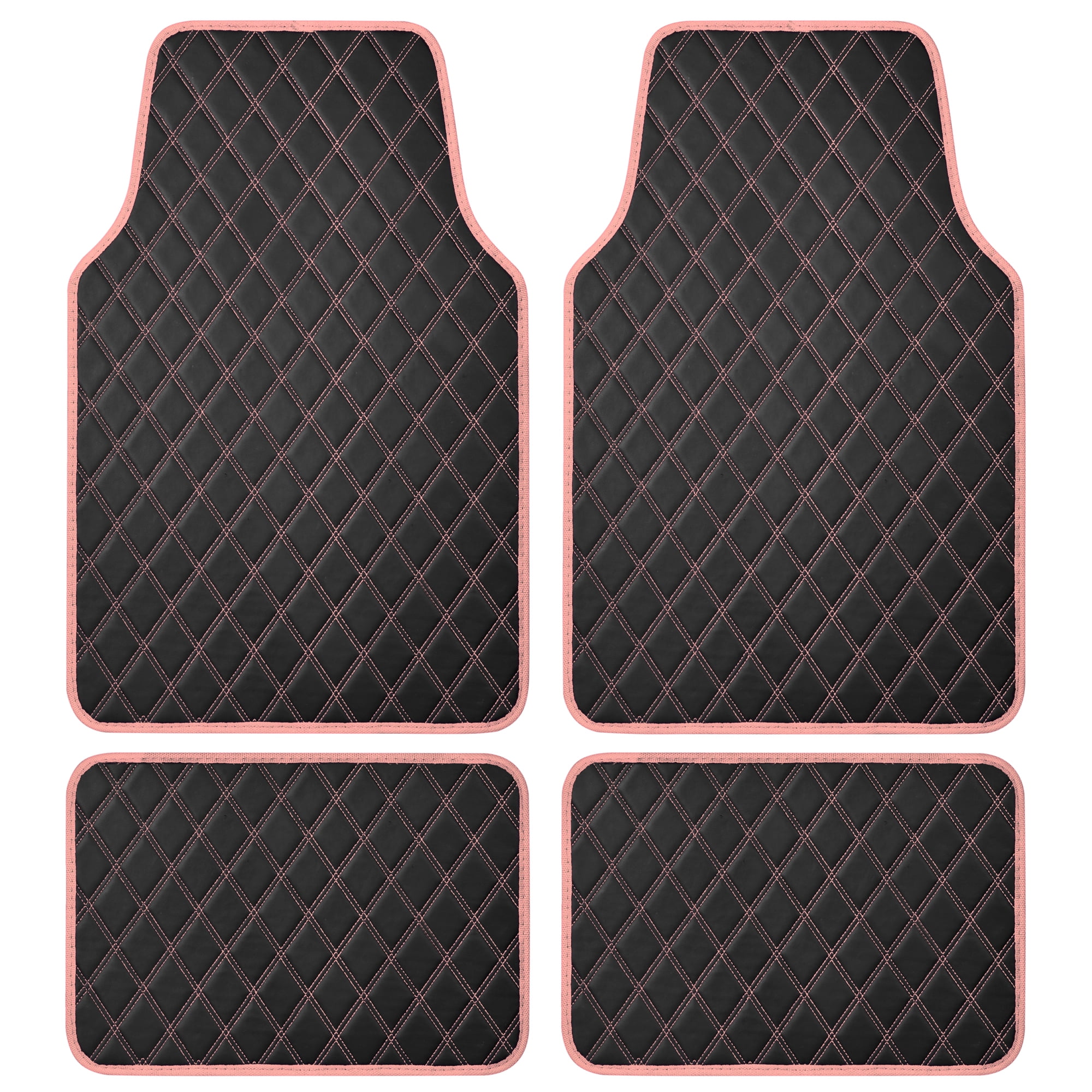 Carbella DiamondLuxe Car Floor Mats, Stylish Faux Leather Car Mats with Diamond Stitched Detail and Matching Taping, Universally Sized All-Weather Floor Mats for Cars Trucks SUV, Full Set (Pink)