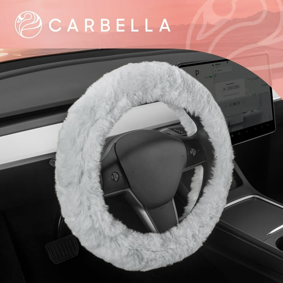 Carbella Gray Fuzzy Steering Wheel Cover, Standard 15 Inch Size Fits Most Vehicles, Cute Faux Fur Car Steering Cover with Soft Fluffy Furry Touch, Car Accessories for Women