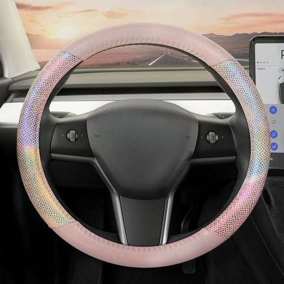 Carbella Mermaid Rainbow Steering Wheel Cover, Standard 15 Inch Size Fits Most Vehicles, Cute Shiny Multicolor Steering Cover for Car Truck Van SUV