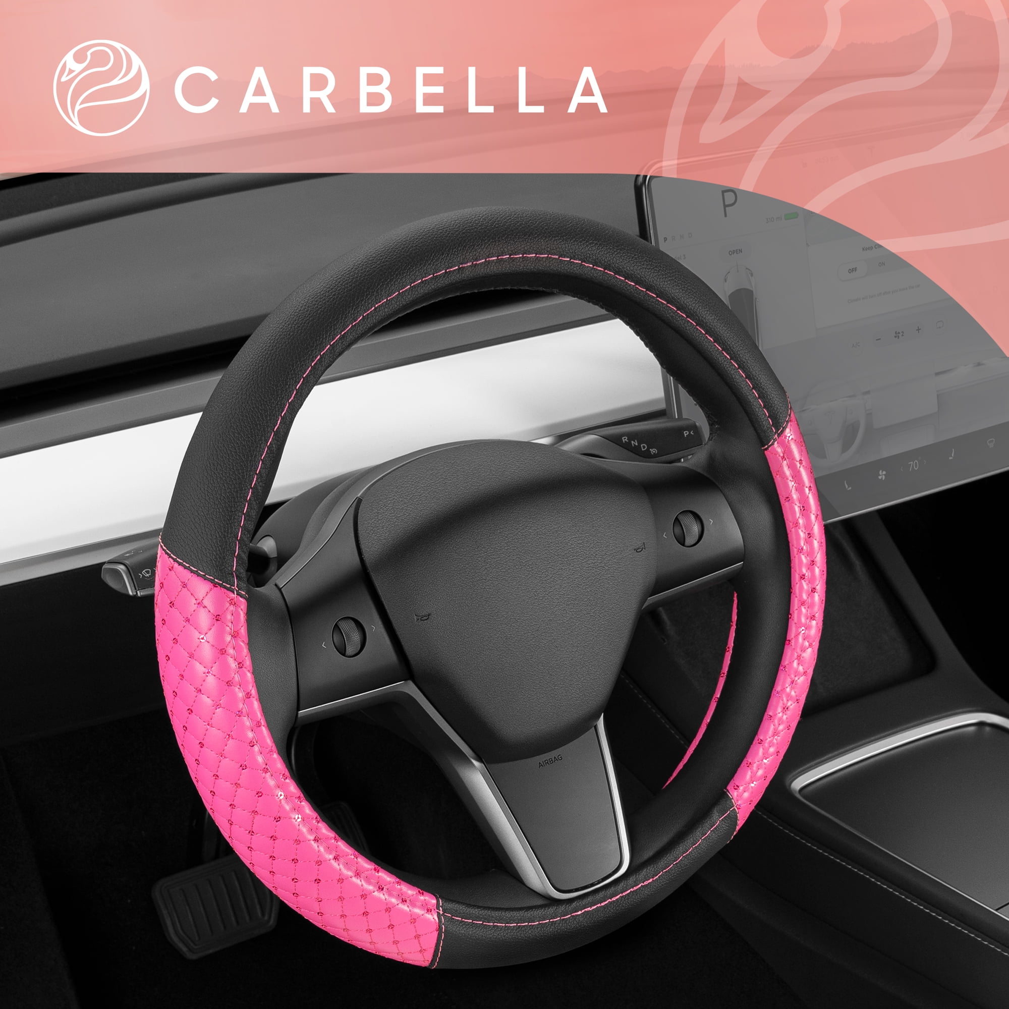 Carbella Pink Sequin Steering Wheel Cover for Women, Standard 15 inch Size Fits Cars Trucks SUV