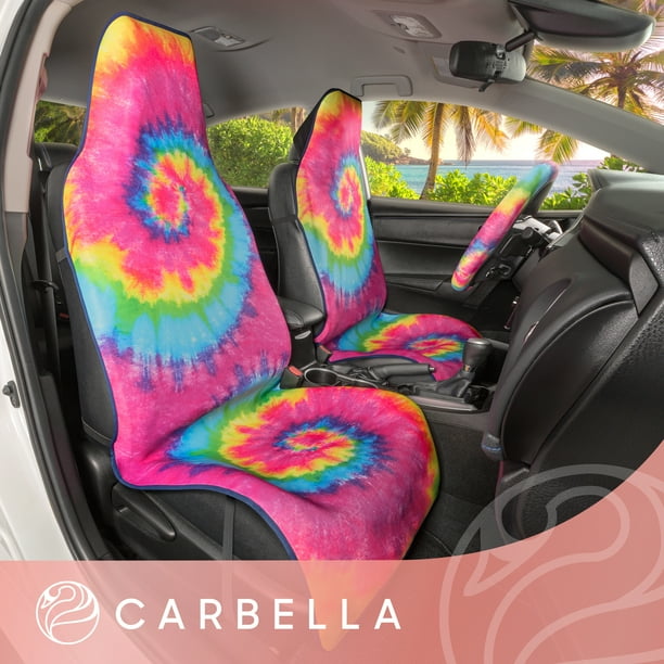 Carbella Rainbow Tie Dye Universal Car Seat Covers Set Seat Covers with Matching Steering Wheel