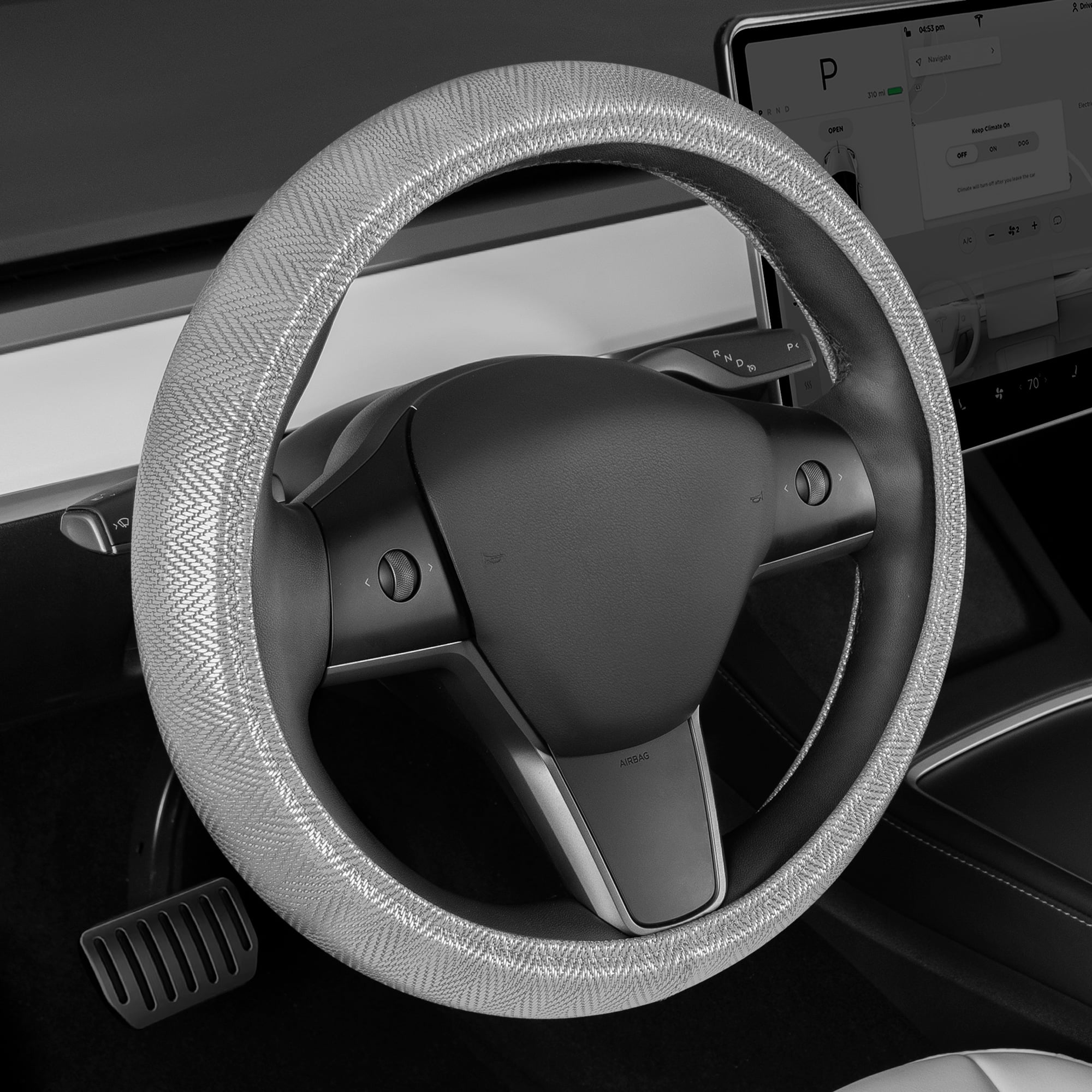 Silver Steering Wheel Cover, Standard 15 Inch Size Fits Most Vehicles, Cute Shiny Bling Car Steering Wheel Cover with Herringbone Detail, Car Accessories for Women