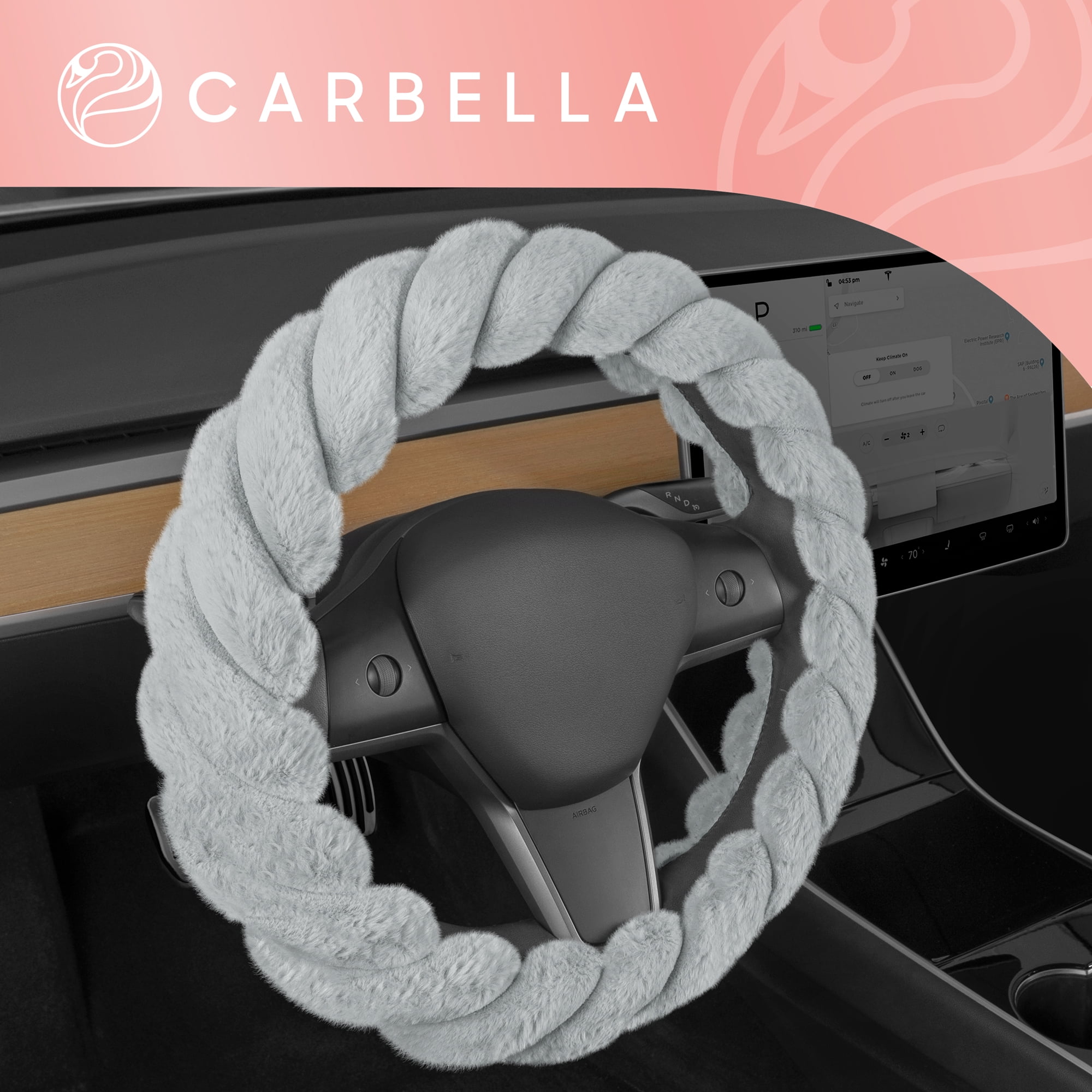 Carbella Twisted Fur Gray Steering Wheel Cover, Standard 15 Inch Size