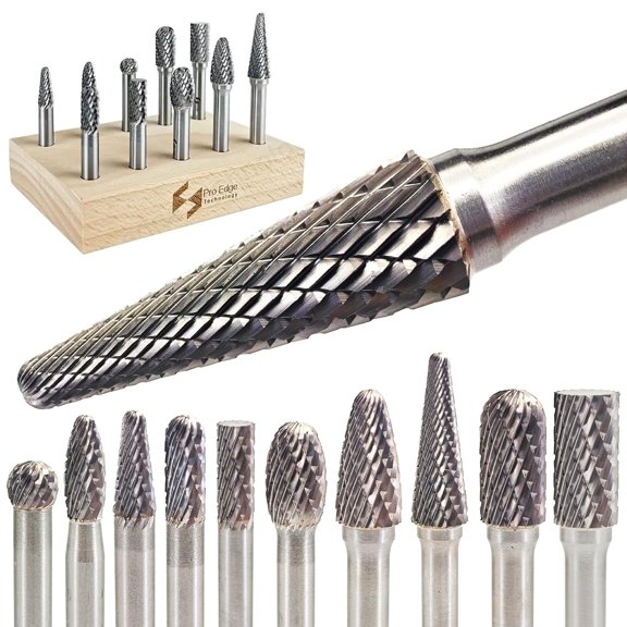 Carbide Burr Set 1/4" Shanks, Head Dia 1/4"-5/16", 10Pcs Double Cut Rotary Tools, Cutting Burrs Die Grinder Bits for Metal, Wood, Stone, Steel Grinding, Deburring, Carving, Porting
