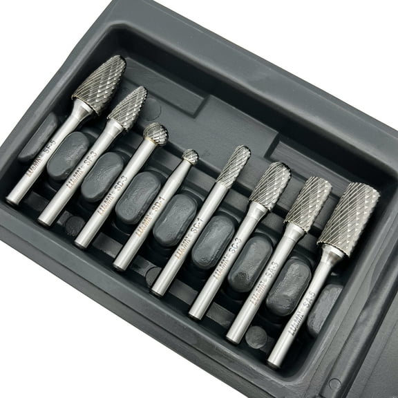 Carbide Burrs Set 8pcs with 1/4" Shank Double Cut Solid Carbide Rotary Burr Set for Die Grinder Drill,Metal Carving, Polishing,Engraving,Drilling