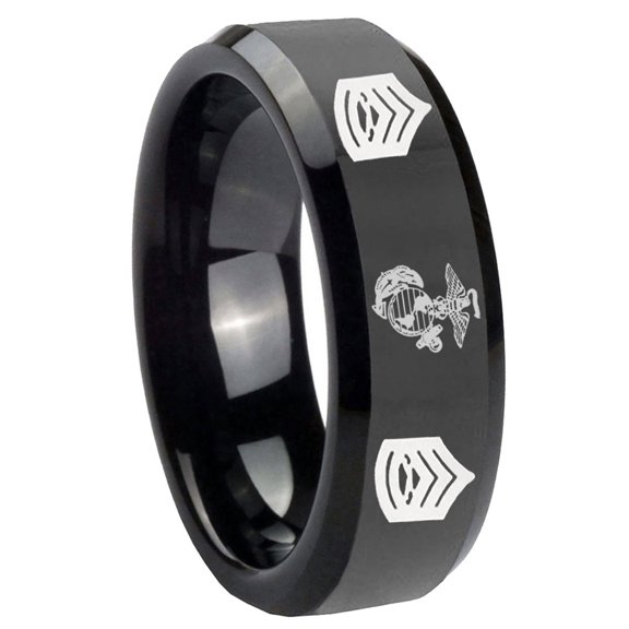 Carbide Marines Sergeant 8MM Beveled Edge Polish Black Tungsten Men Ring