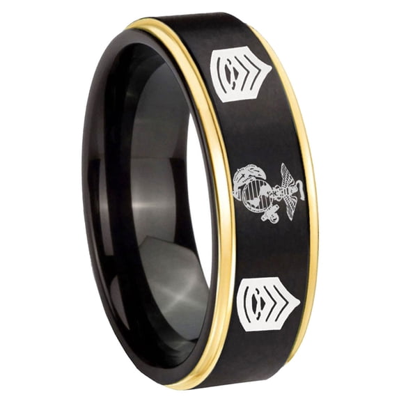 Carbide Marines Sergeant Step Edge Black Gold Tungsten Ring 10MM