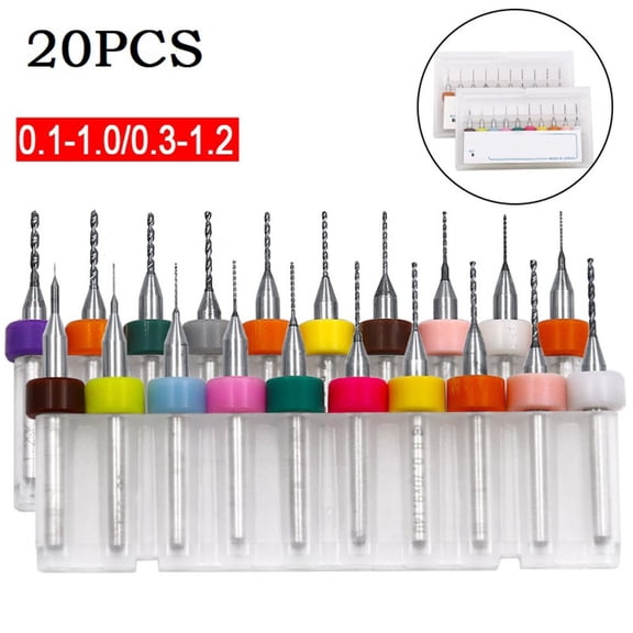 Carbide PCB Drill Bits 20PCS for Small Scale Electronics Projects 0.1-1.0mm and 0.3-1.2mm Diameter Ranges 12mm Cutting Length
