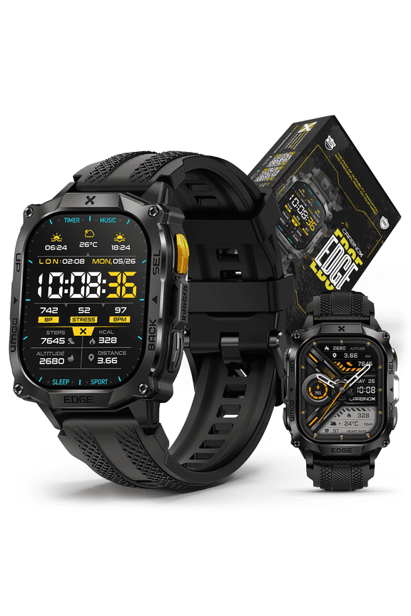 Edge Smart Watch Rugged, 1.96″ AMOLED, Stainless Steel, IP69K/5ATM Fitness trackers, Dual-Band GNSS, 500mAh, Bluetooth Calls, Smart Watch for Android Phones iOS (Black)