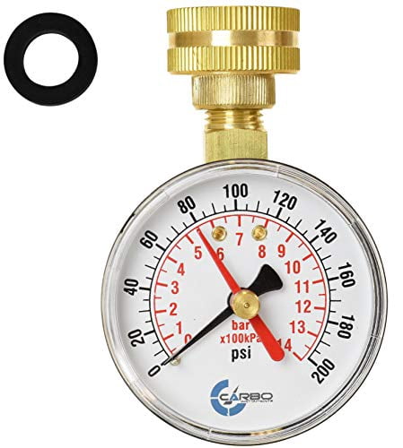 Carbo Instruments, 2-1/2" Water Pressure Test Gauge, 3/4" Female Hose Thread, 0-200 PSI with Red Pointer