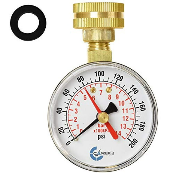 Carbo Instruments, 2-1/2" Water Pressure Test Gauge, 3/4" Female Hose Thread, 0-200 PSI with Red Pointer