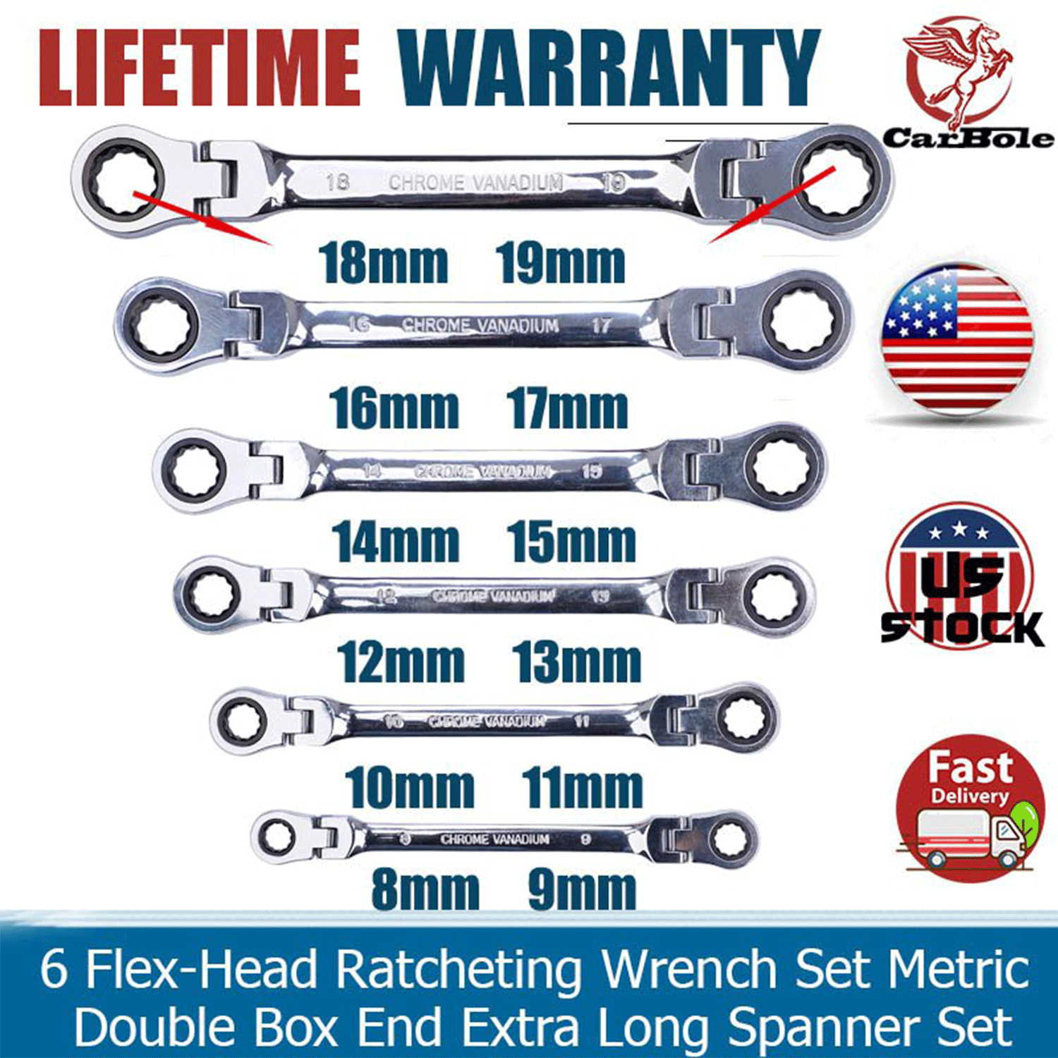 Carbole 6Pcs Double Box End Metric Ratcheting Wrench's Flex-Head Extra Long Spanner Set