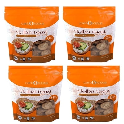 Carbolicious Low Carb Melba Toast Rounds, Crunchy Keto Snack Crackers, 4-Pack, 4 oz Resealable Pouches (16 oz Total)