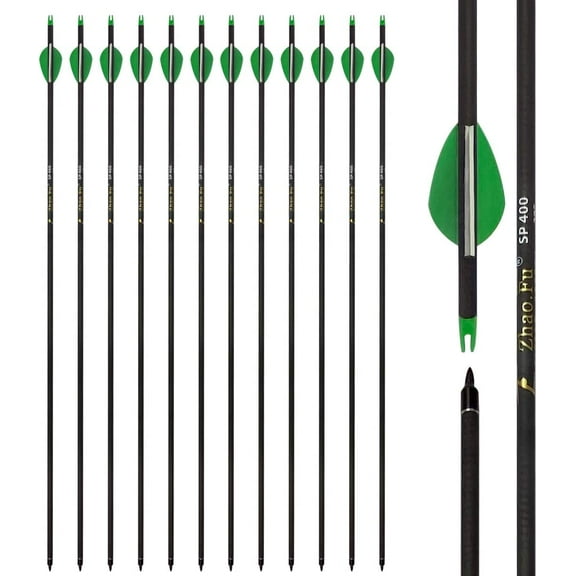 Carbon Arrow 29 inch 12-Pack Hunting Arrows Spine 400 for 30-65lb Bows Archery Compound & Recurve & Traditional Bow, Green