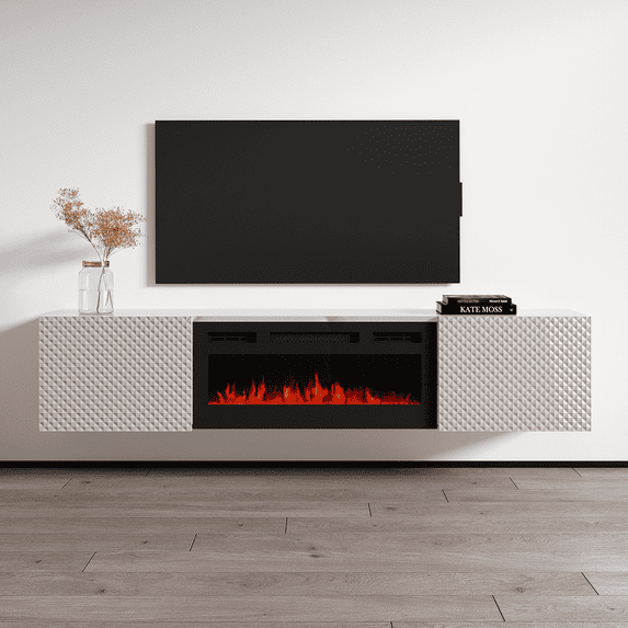 Carbon BL-EF Floating Fireplace TV Stand for TVs up to 80", Modern High Gloss 71" Entertainment Center, Wall Mounted Electric Fireplace TV Media Console with Storage Cabinets