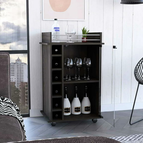 Carbon Bar Cart . Store Bottles Conveniently. Spacious Top With Metal Rail. Locking Wheels For Easy Movement. Glass Door Cabinet Shelves Ideal Entertaining At Home. Six Wine . Top. Wheels. Drinks