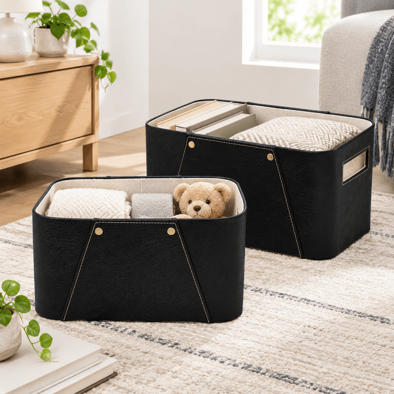 Carbon Black Faux Leather Storage Baskets, 2 Pack, Home Organization ...