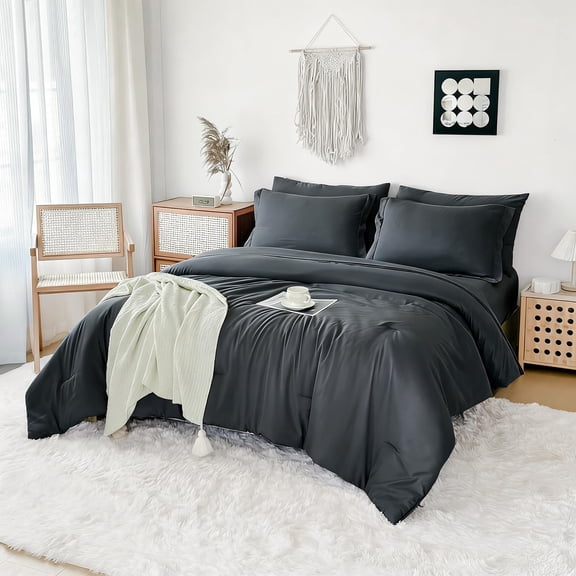 Carbon Black Queen 7-Piece Bed-in-a-Bag All-Season Soft Bedding Set