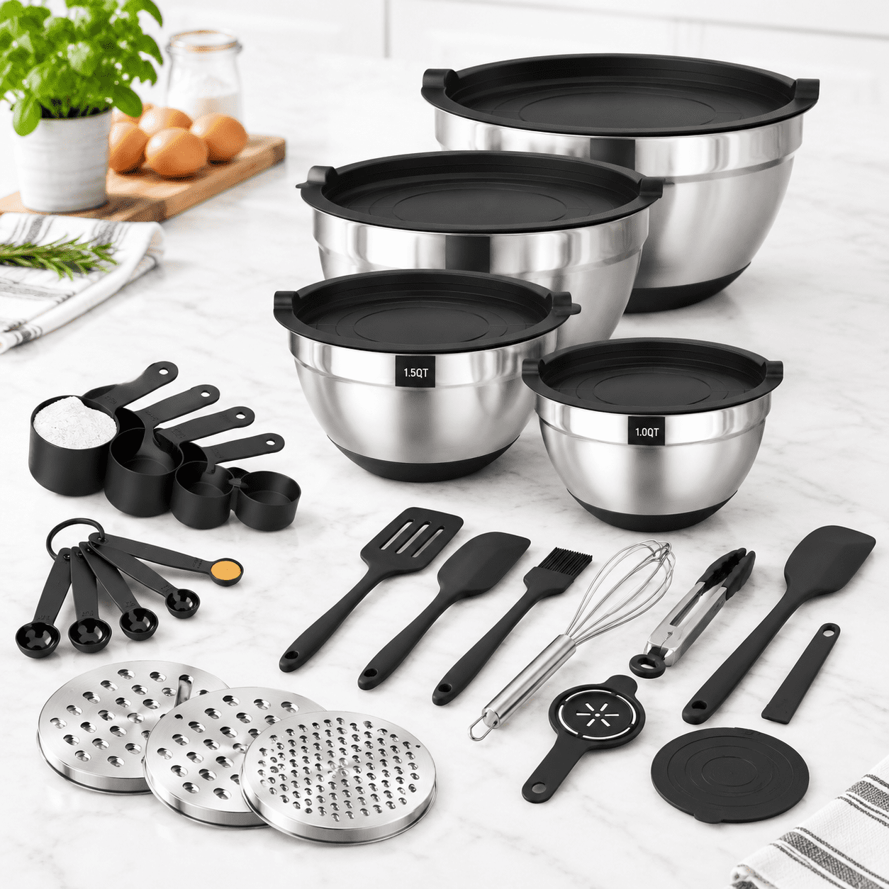 Carbon Black Stainless Steel Mixing Bowl Set With Lids, Grater ...